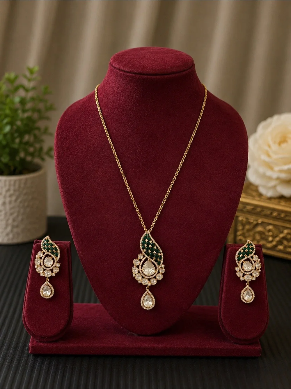 Gold-Tone Green and White Teardrop Pendant Necklace Set - Women's Jewelry
